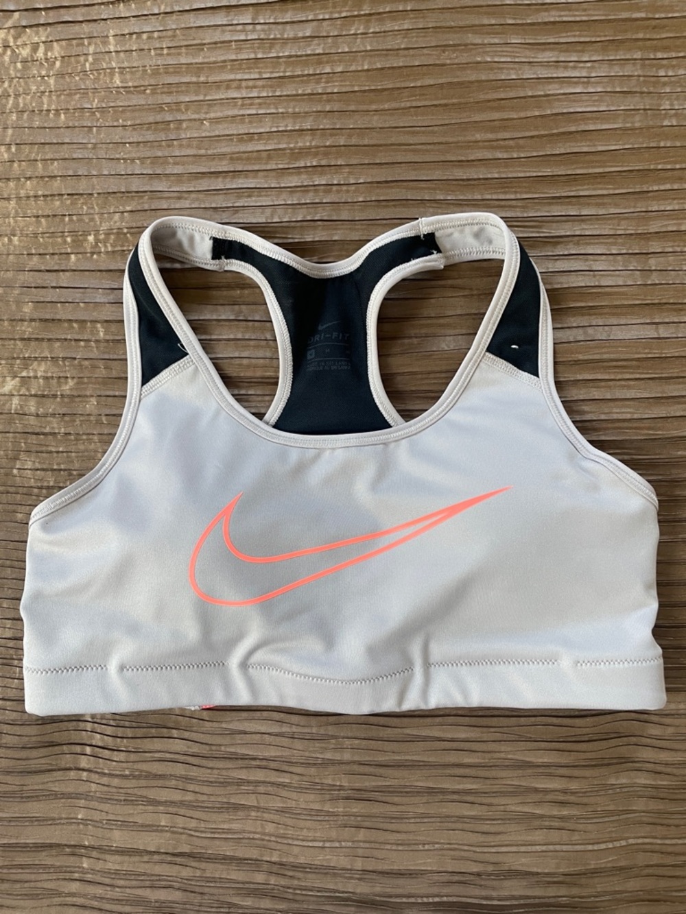 Nike Athletic Racerback Sports Bra in Light Gray with Coral Swoosh